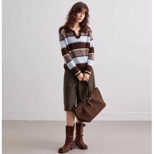 德玛纳【蓬松绵羊毛】秋季文艺学院翻领拼色条纹宽松显瘦针织衫女高级感G541320346902