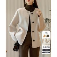 德玛纳【暖奢品质】冬季优雅圆领直筒长袖绵羊毛双面呢外套女短款G538420822201