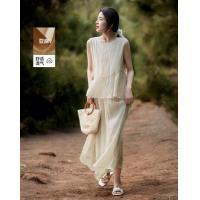 德玛纳【含自然风亚麻】夏季设计感拼接假两件无袖露肩水滴扣蛋糕连衣裙G541221550101